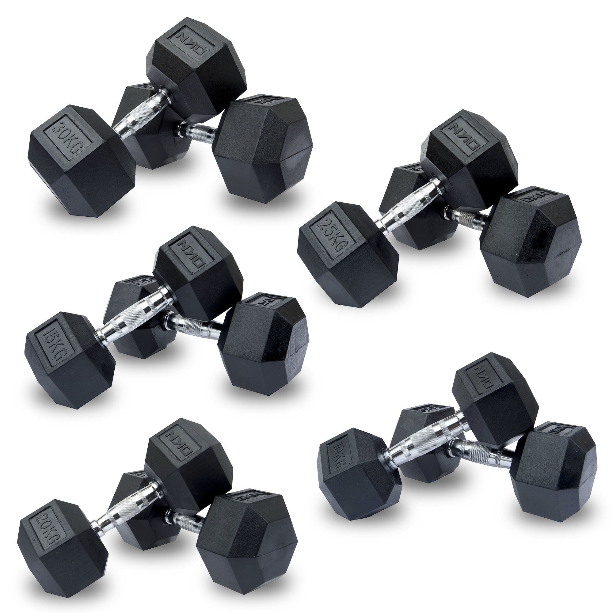 Image of DKN 10kg to 30kg Rubber Hex Dumbbell Set - 5 Pairs