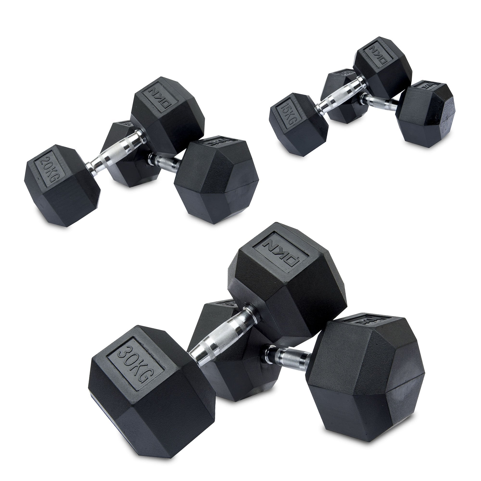 DKN 15, 20, 30kg Rubber Hex Dumbbell Set