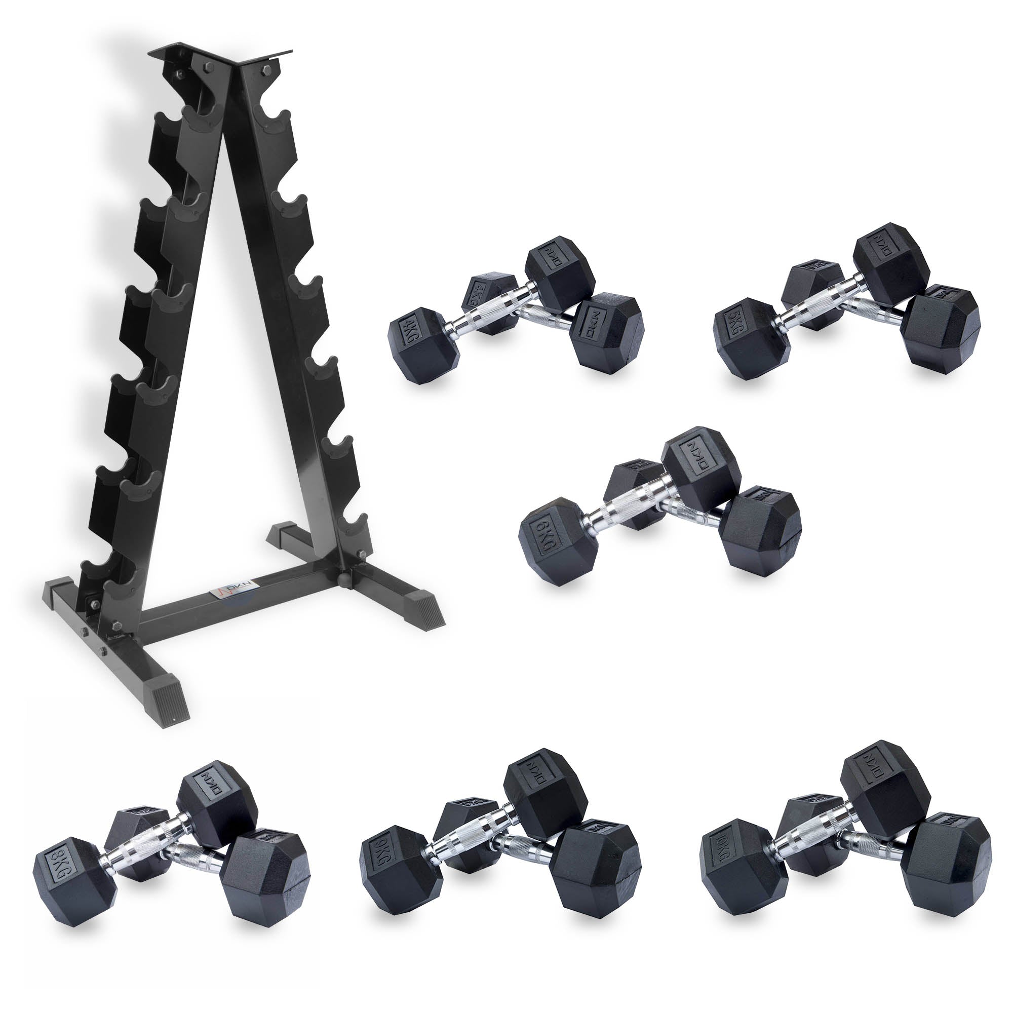 DKN 4kg to 10kg Rubber Hex Dumbbell Set with Storage Rack – 6 Pairs