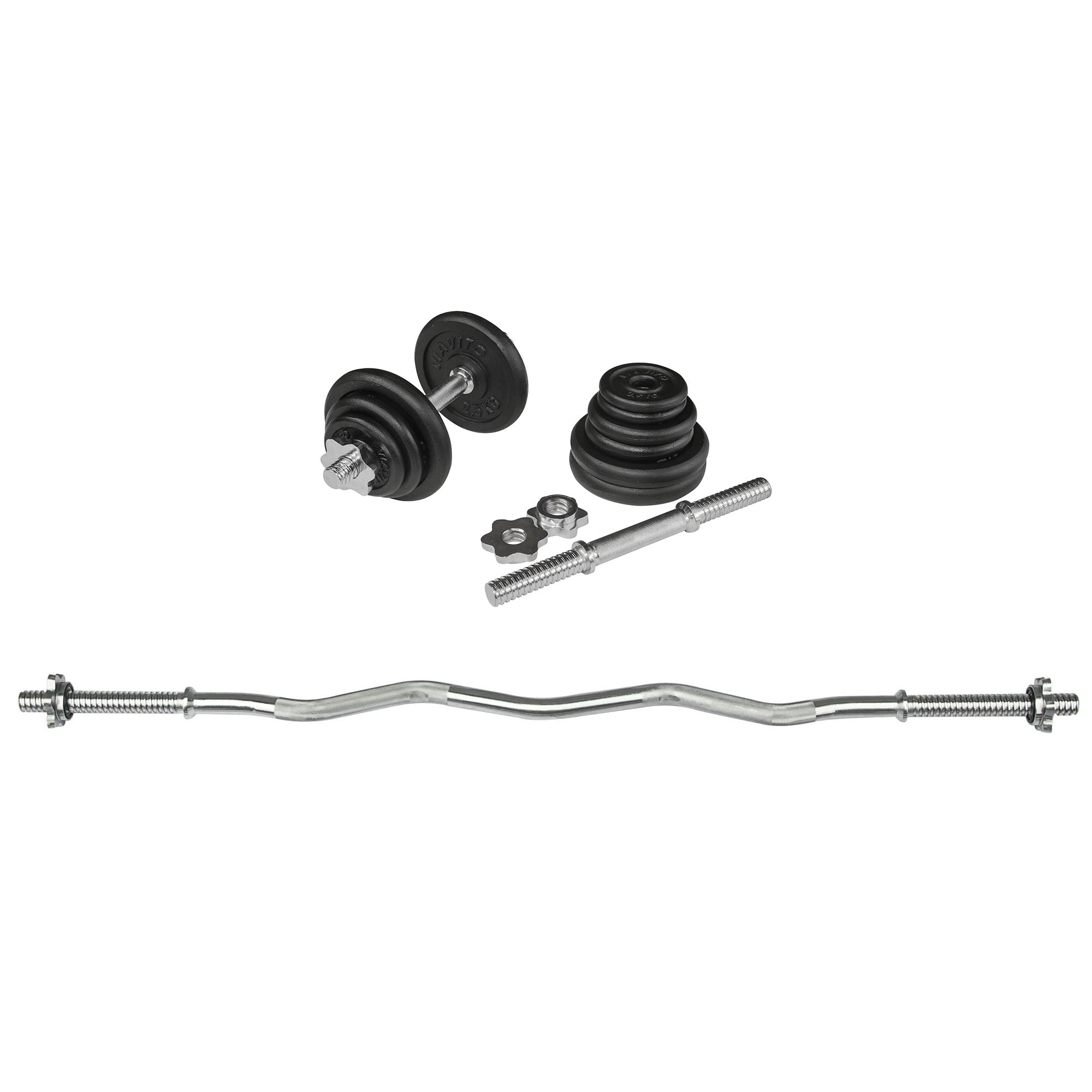 Image of Viavito 20kg Black Cast Iron Dumbbell Set with 4ft EZ Curl Bar