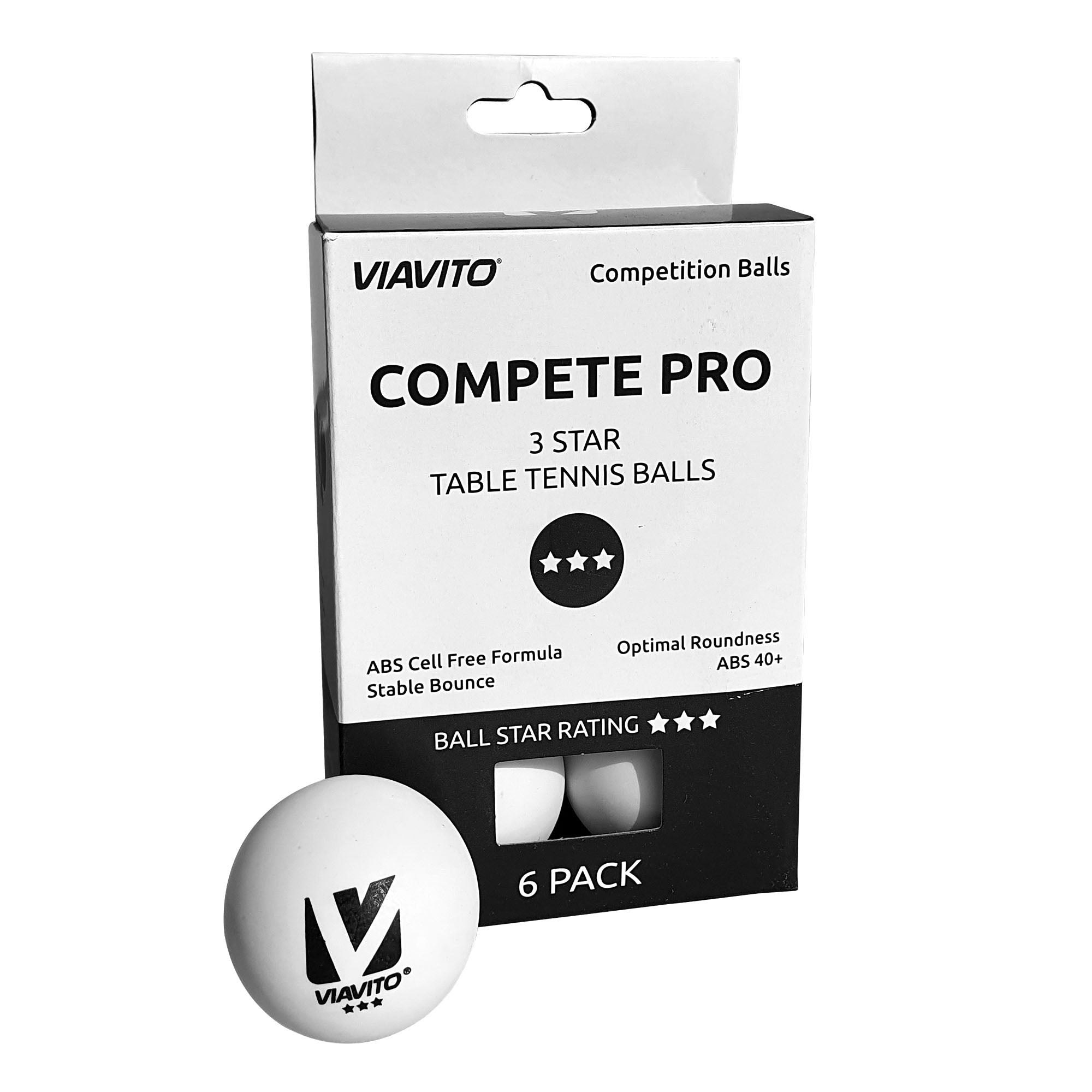 Viavito Compete Pro 3 Star Table Tennis Balls - Pack of 6