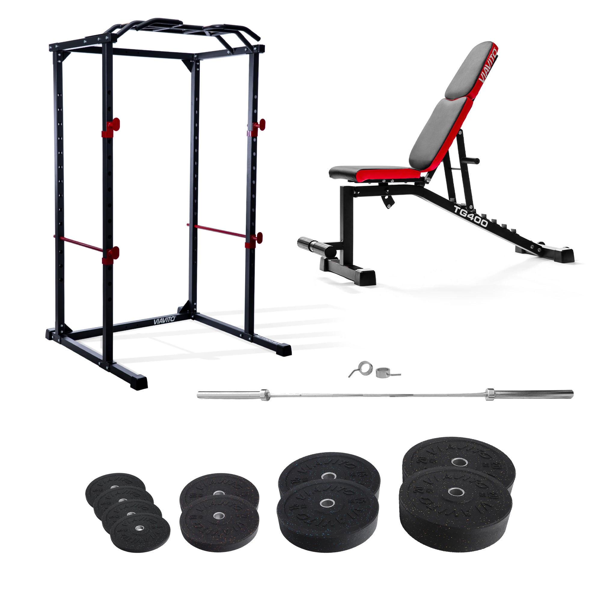 Image of Viavito Home Gym and 130kg Rubber Crumb Bumper Olympic Weight Set