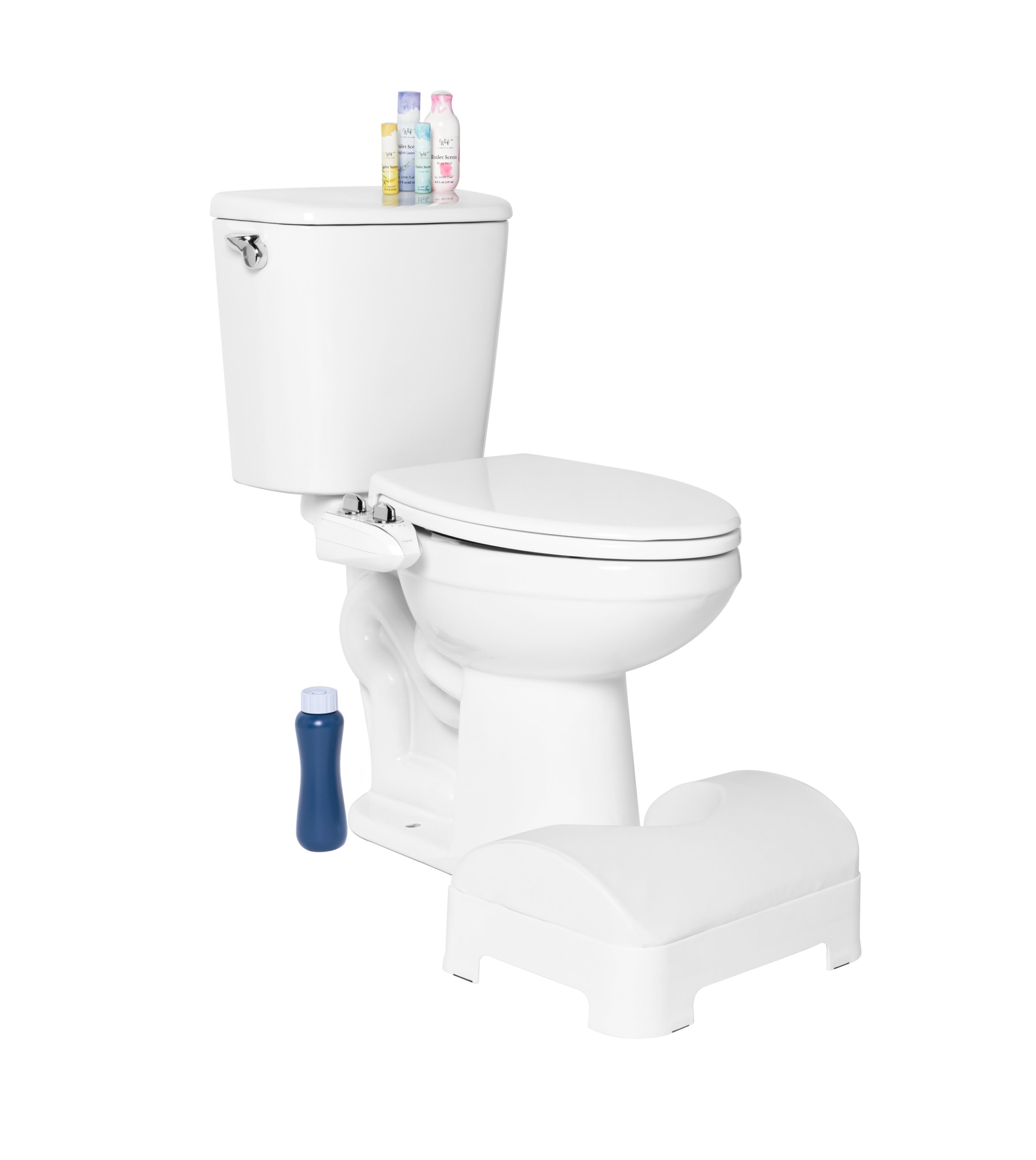 A full toilet setup complete with NEO Plus bidet, LUXE toilet seat, LUXE footstool, LUXE portable bidet, and Whift toilet scents