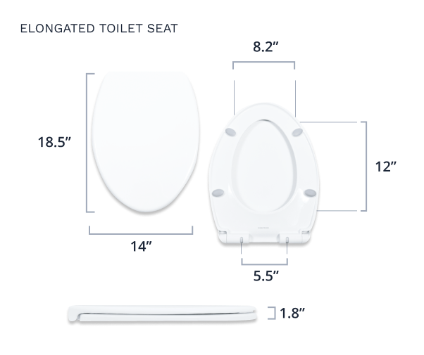 The elongated toilet seat is 18.5 inches long, 14 inches wide, and 1.8 inches thick. The opening is 12 inches long and 8.2 inches wide. The distance between the two mounting holes is 5.5 inches.