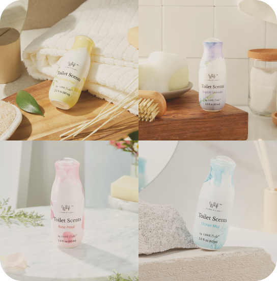 Lifestlye bathroom shots of all four Whift spray scents: lemon drop, english lavender, rose petal, and ocean mist.