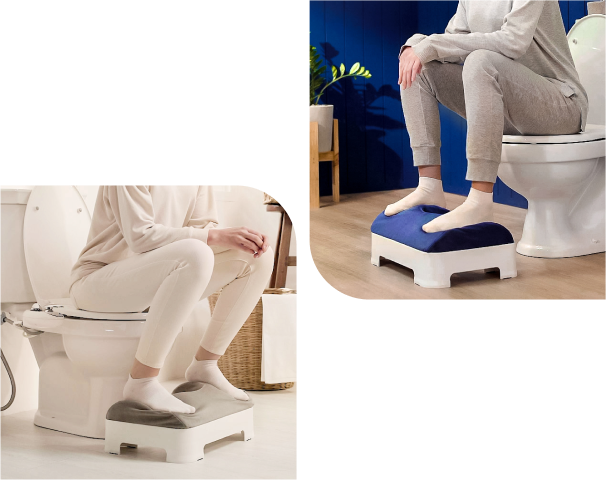 Footstools with velour covers in various colored bathroom setups.