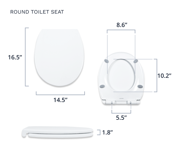 The round toilet seat is 16.5 inches long, 14.5 inches wide, and 1.8 inches thick. The opening is 10.2 inches long and 8.6 inches wide. The distance between the two mounting holes is 5.5 inches.