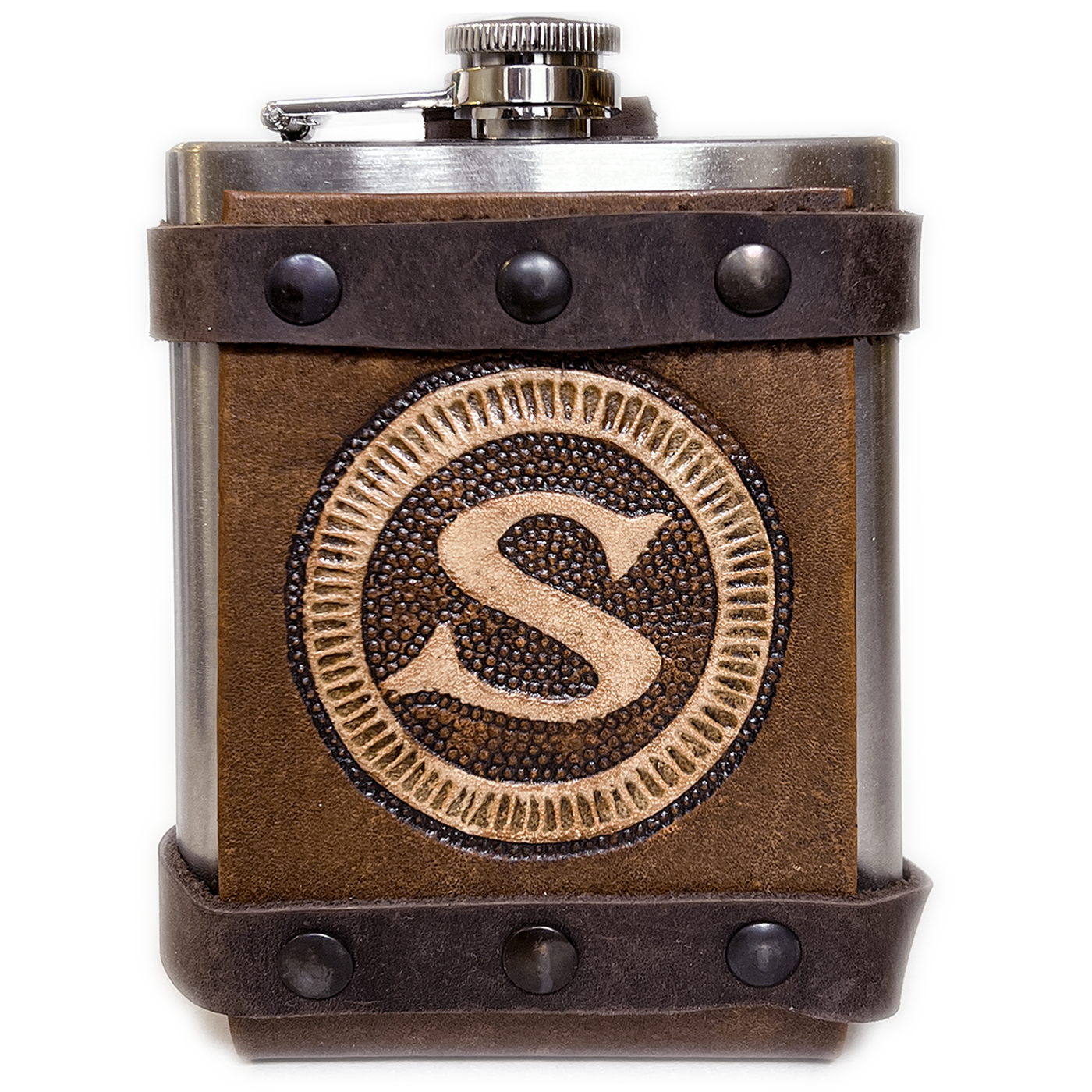 Santiano hip flask with leather sleeve
