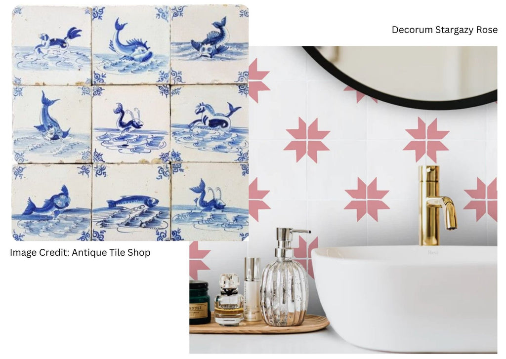 Antique blue and white Delft tiles contrasted with our modern, bold twist on a design classic - the Stargazy hand decorated tiles