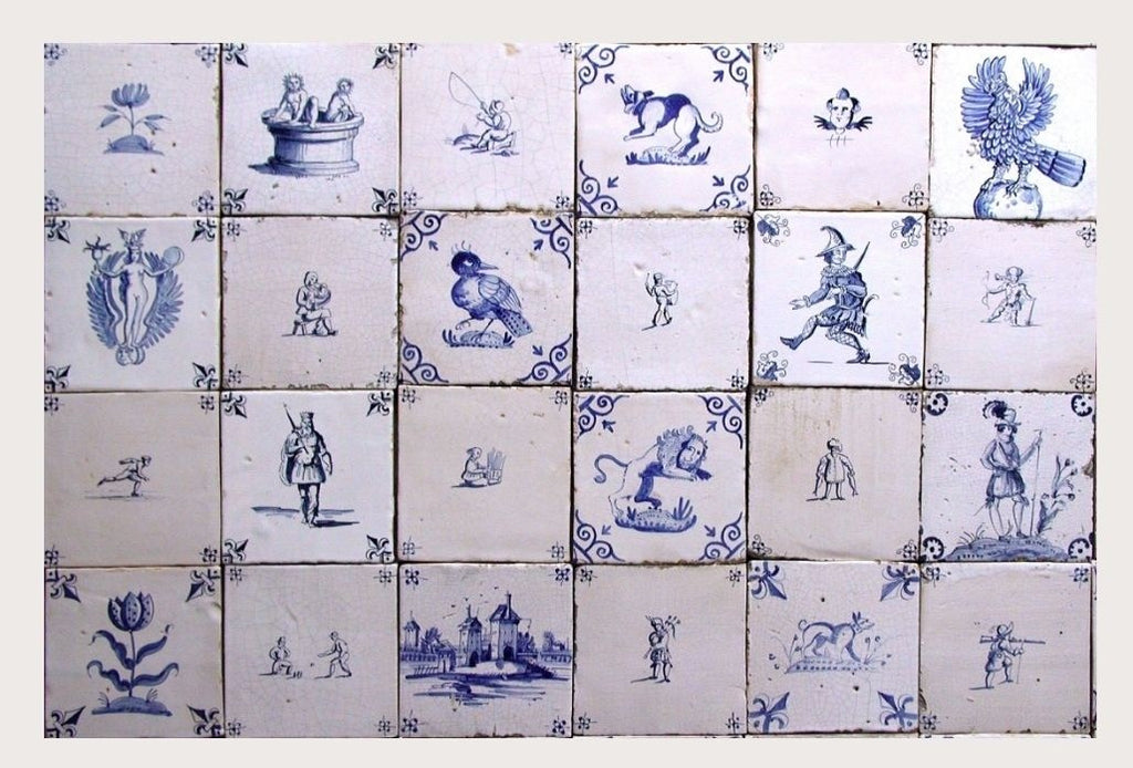 Blue and white tiled mural with classical designs