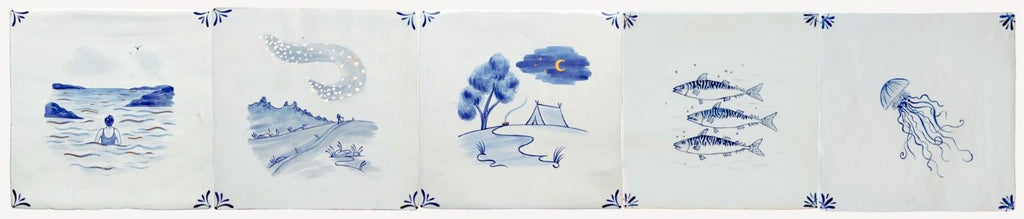 Modern Delft style tiles in white and blue with mackeral, wild camping, Cornish jellyfish and sea kayaking