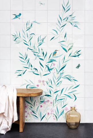 Intricately painted green and pink willow mural with kingfisher details