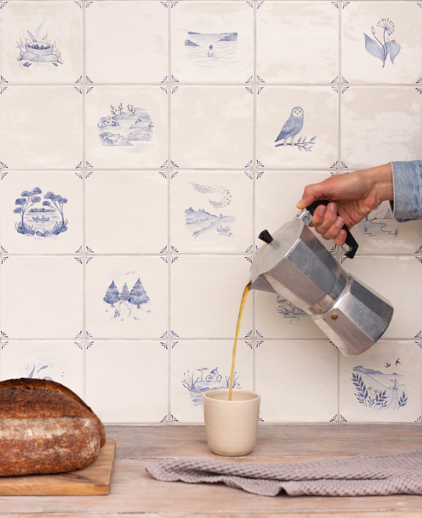 Coffee and freshly baked bread in front of our new Delft wilderness range of Cornish inspired tiles