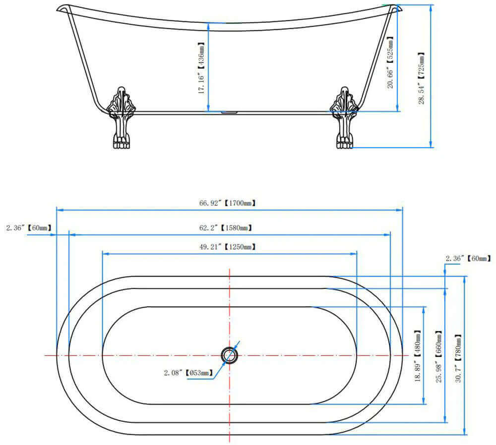 67 in Rolled Rim Clawfoot Slipper Tub Dimensions Specifications Details