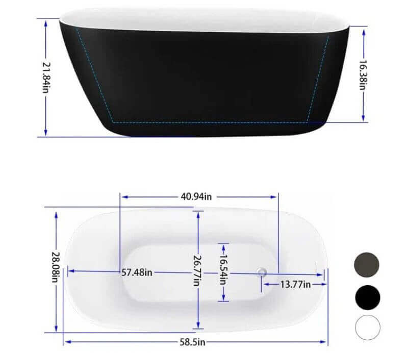 Detailed view of the 59-inch acrylic single slipper bathtub