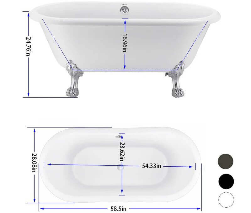 White 59-Inch Double Clawfoot Tub Dimensions Details