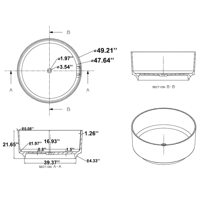 Japanese Style Freestanding Round Soaking Tub Size Details