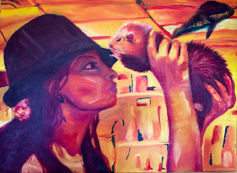oil painting of a woman and ferret