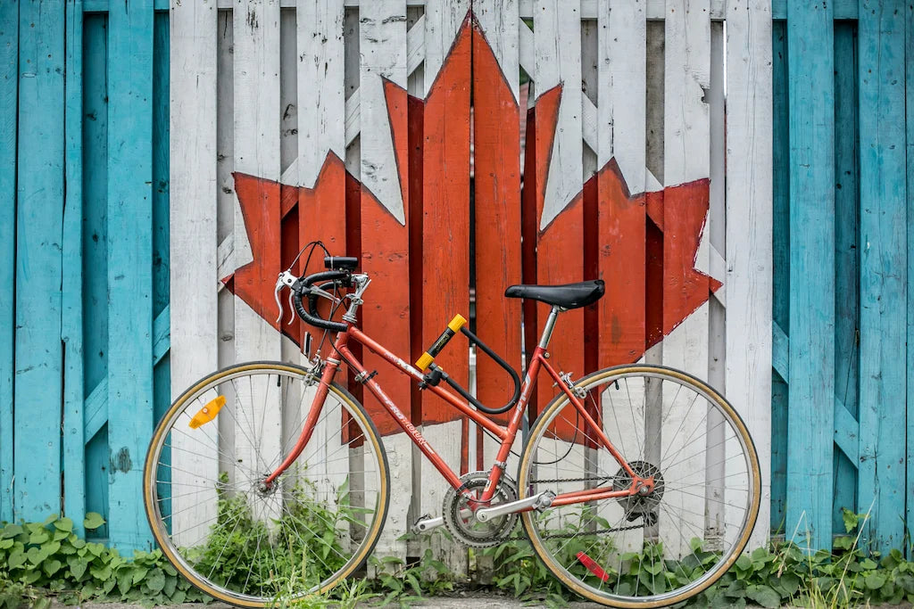 Bicycle parked in front of a fence with Canadian flag