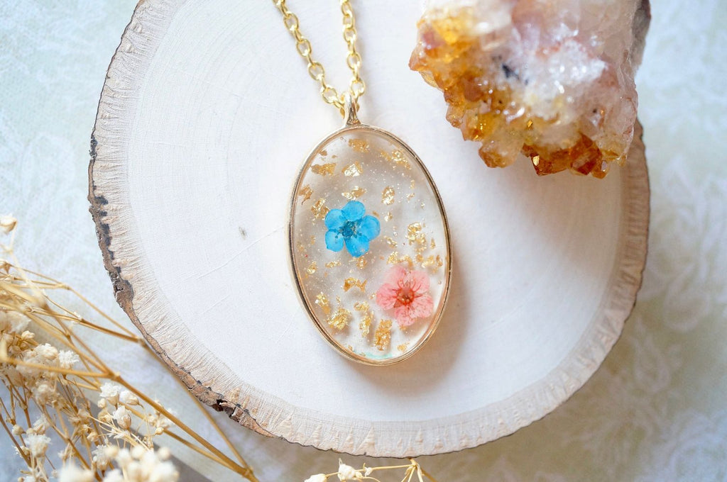 Real Pressed Flower and Resin Necklace Gold Oval in Pink Yellow