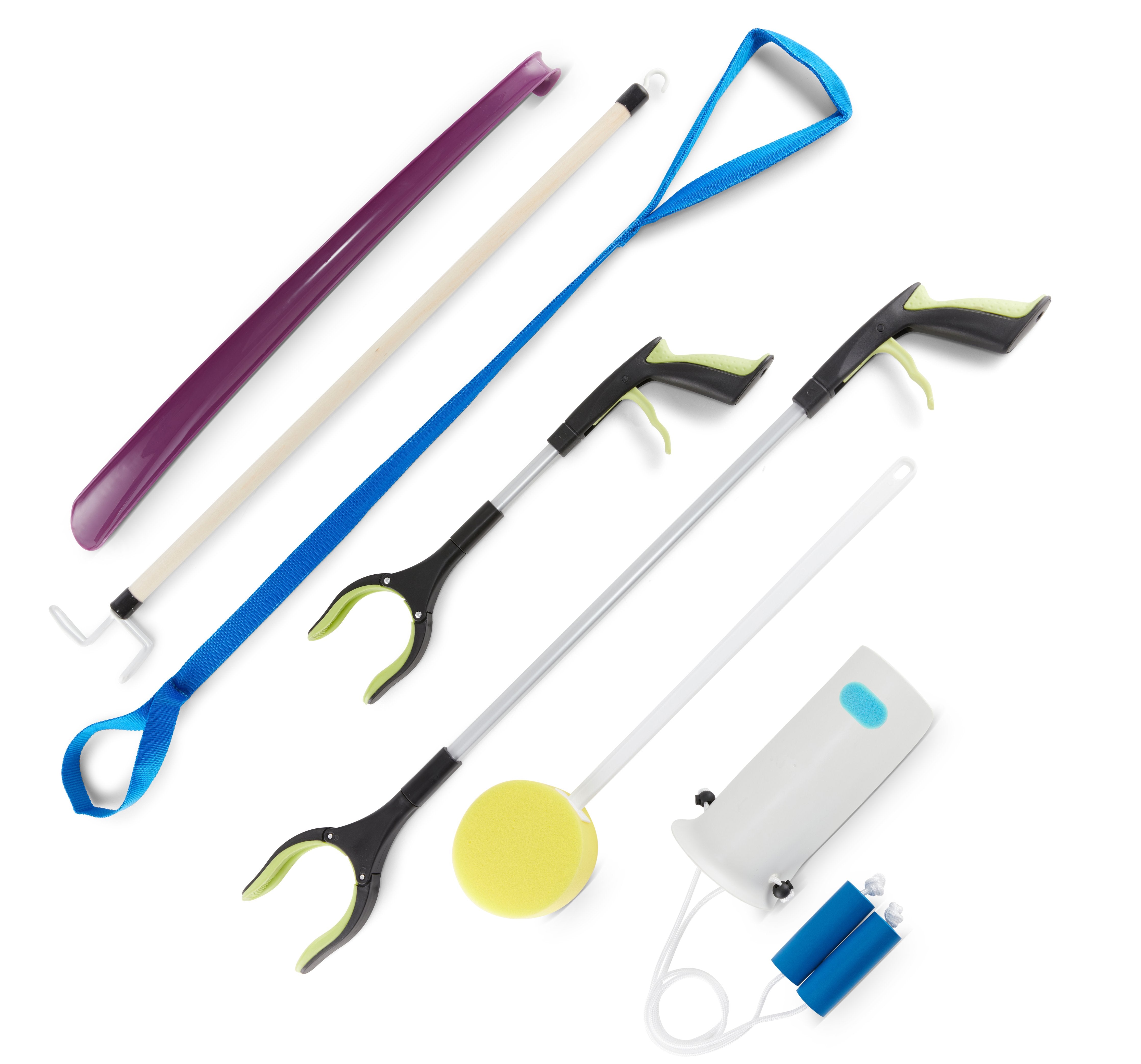 7 Piece Deluxe Hip Kit - Deluxe Hip/Knee Replacement Kit Tool - Leg Lifter, Sock Iad, 2 Rotating Grabber Reacher, Dressing Stick, Shoe Horn, Bath Sponge - Surgery Recovery Kit