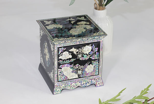 Korean Inlaid Mother of Pearl Handmade Oriental Storage 2 Drawer Peony Black