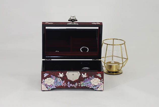 Women's Wooden Mother of Pearl Jewelry Storage Box with Hinged Lid Red