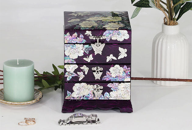Mother of Pearl Jewelry Organizer with 2 drawers - Purple