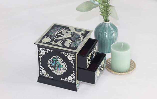 Korean Inlaid Mother of Pearl Handmade Oriental Storage 2 Drawer Black