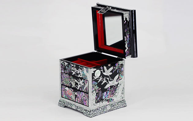 Korean Handcraft Mother of Pearl Jewelry Box with 2 Drawers Black