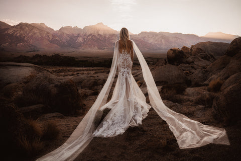 Dahl Collection wedding gown Theia in the mountains