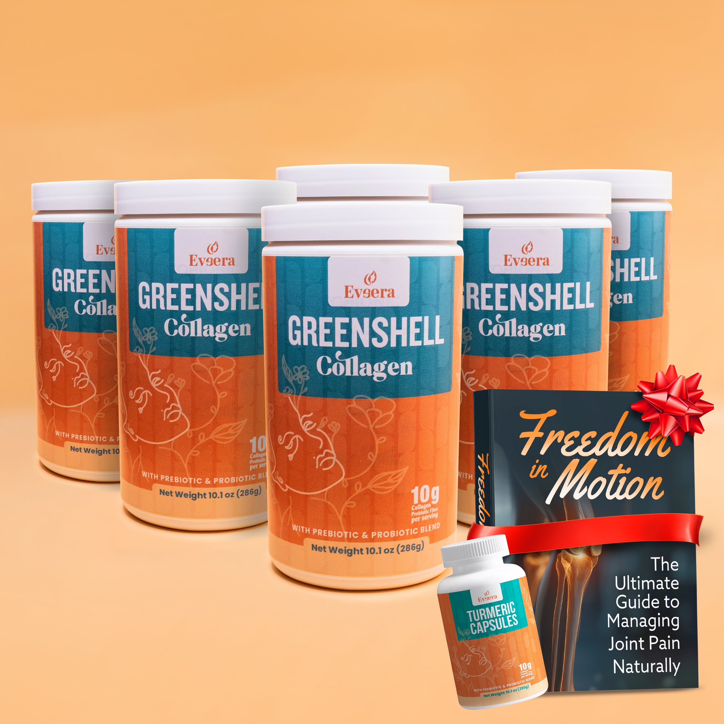 Collagen supplement containers with a book titled 'Freedom in Motion' and turmeric capsules on an orange background.