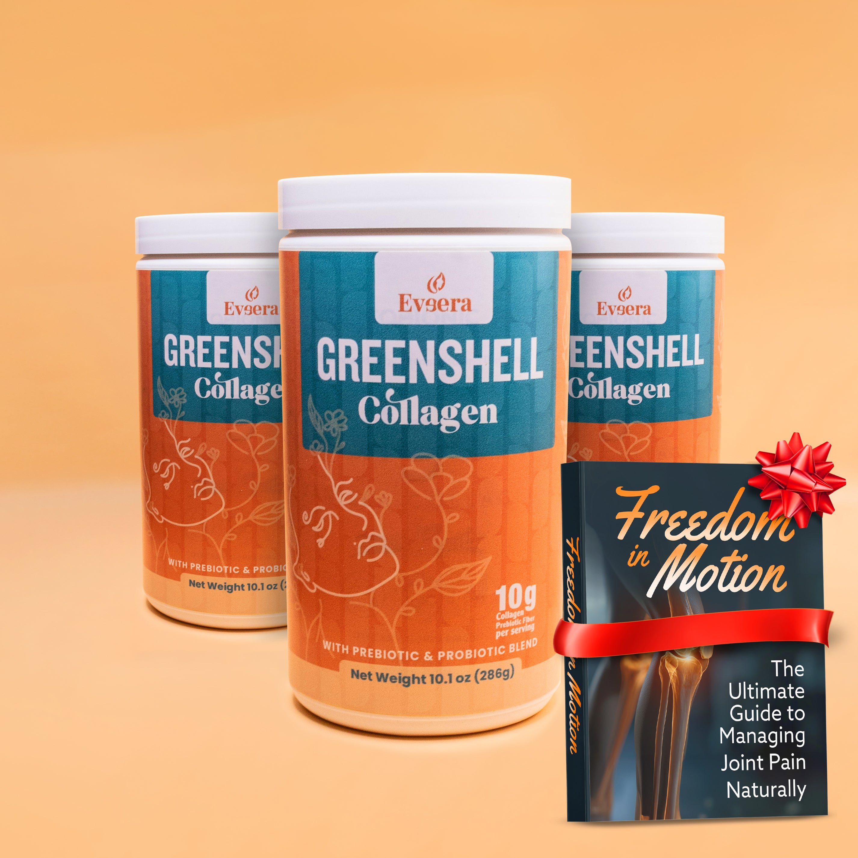 Three containers of Greenshell Collagen supplements with a promotional booklet on an orange background.