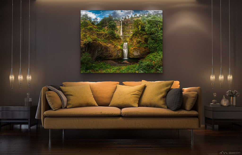 Sean Hoyt's Multnomah Falls print hanging above couch
