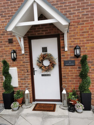 front door artificial tree and wreath