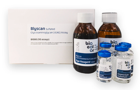 Biocolor Blyscan™ Glycosaminoglycan Assay for sGAG quantification, standard size kit (110 assay), cat. no. B1000, distributed by Ilex Life Sciences LLC