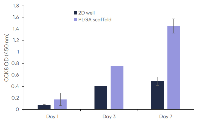 Growth of fibroblast (C2C12) on GelacellTM PLGA scaffolds in comparison with cells on the bottom of the well plate (2D well).