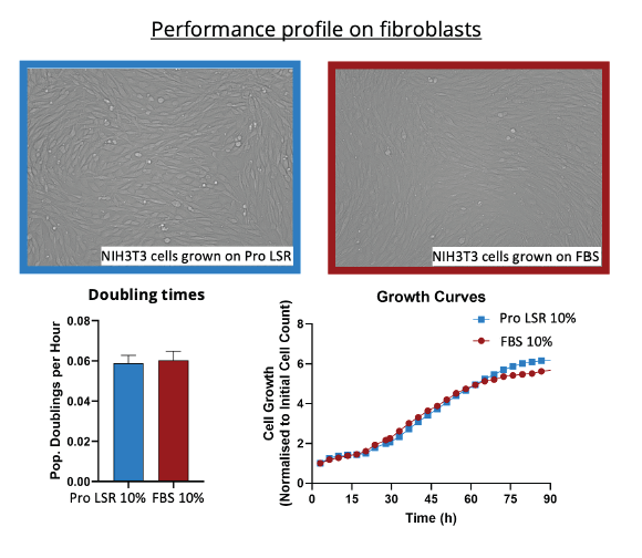 Comparison performance between FBS and Proliferum® LSR (10X) on fibroblasts in DMEM/F12.