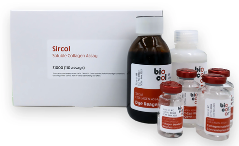 Biocolor Sircol™ Soluble Collagen Assay, Standard Size Kit (110 assays), original version, cat. no. S1000, distributed by Ilex Life Sciences LLC
