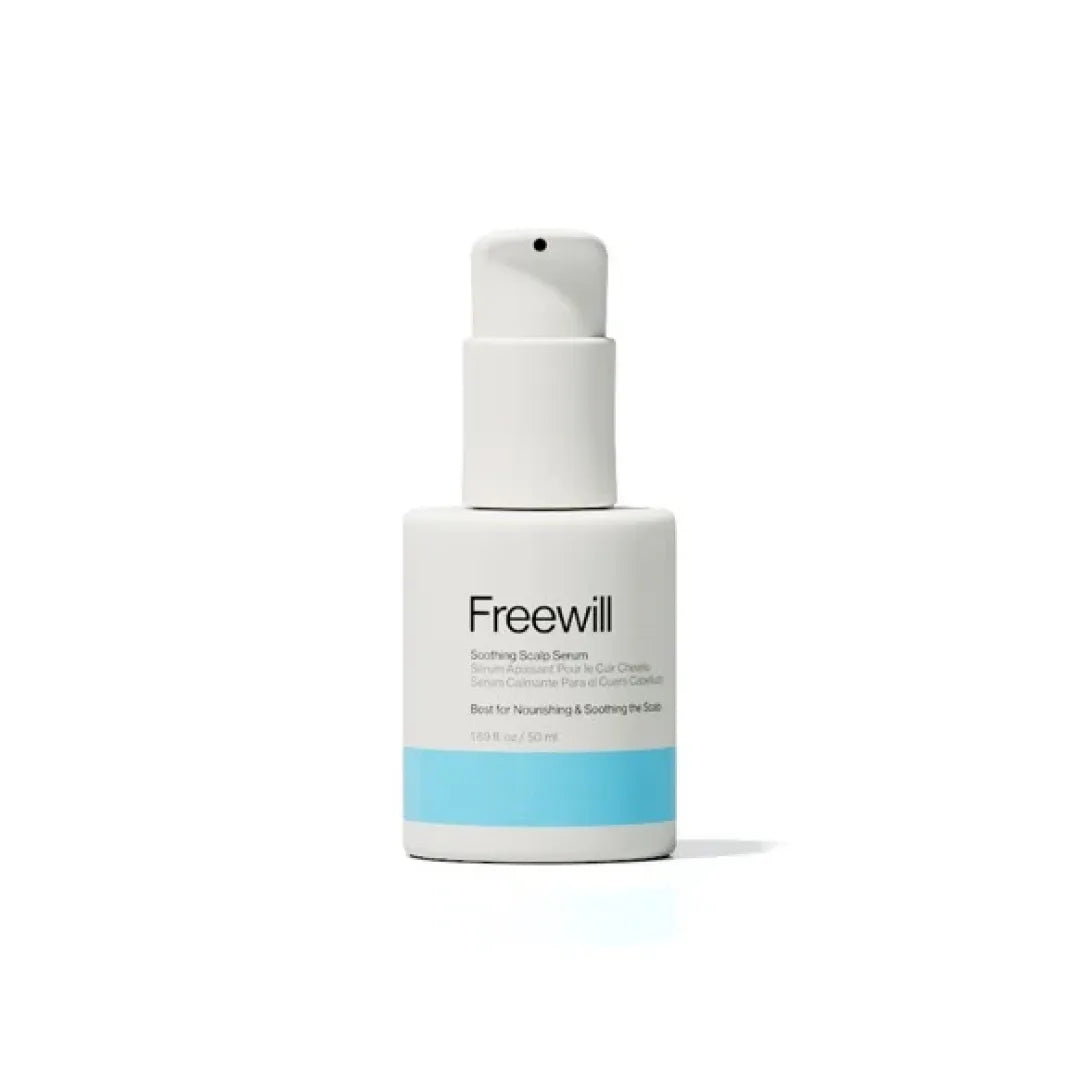 Freewill Soothing Scalp Serum bottle with a white and blue label.