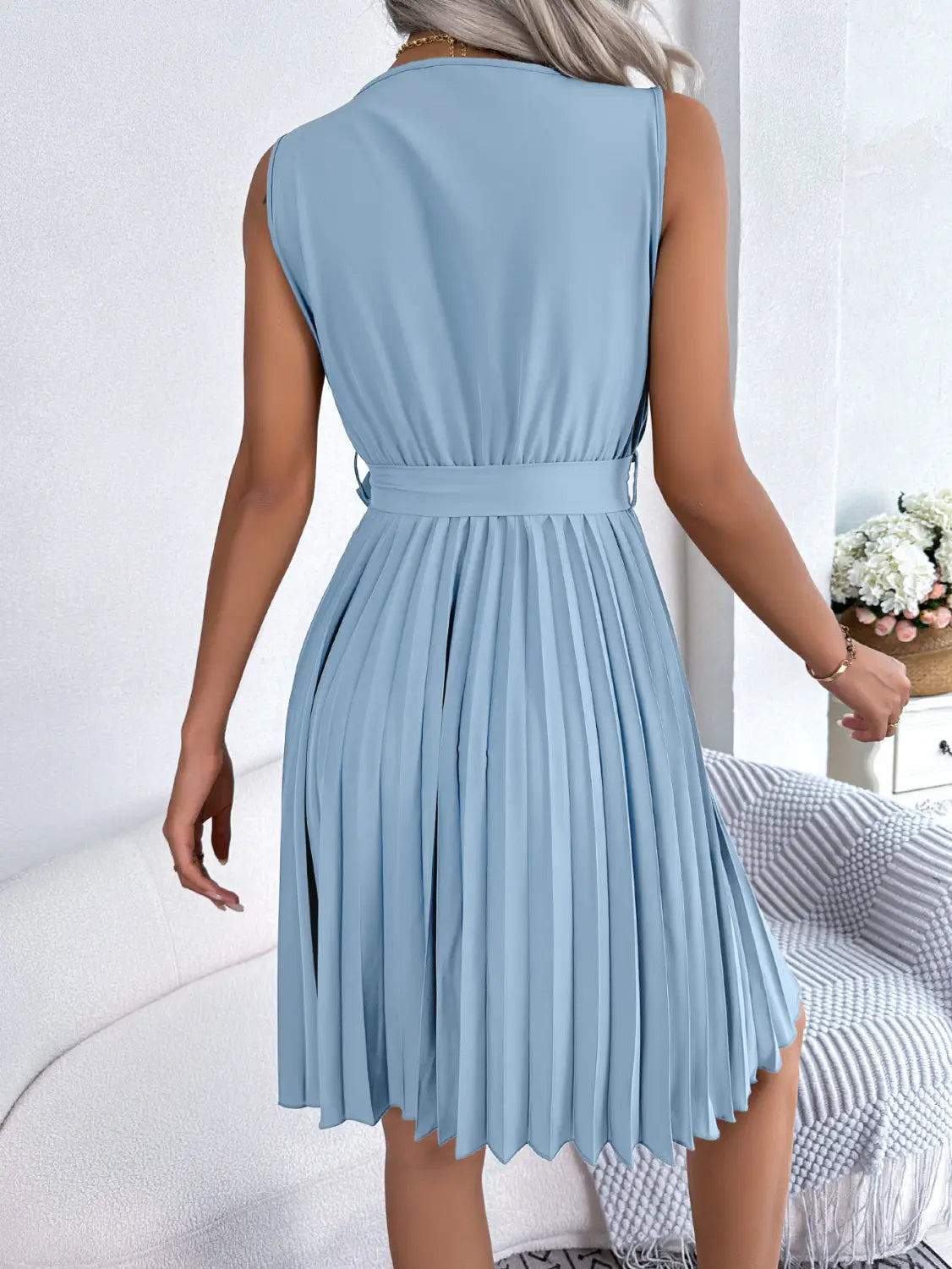 Elegant Chiffon Belted A-line Dress - Effortless Charm For Daily Chic