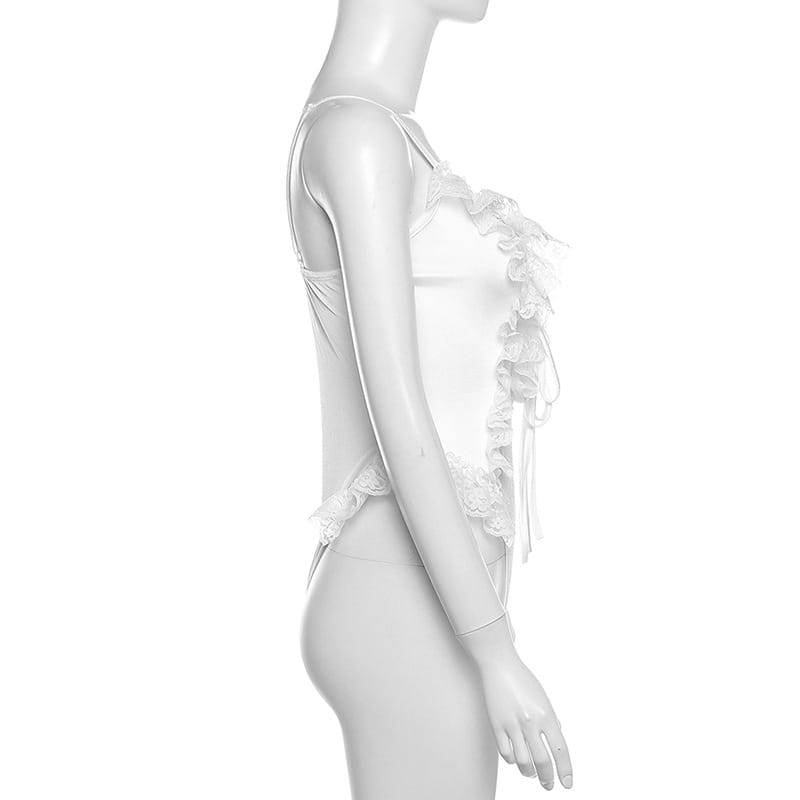 Summer Lace Bodysuit - V-neck, Ruffle Sheer Elegance
