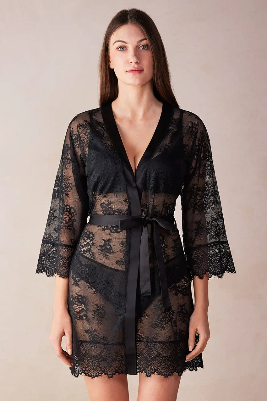 Seductive Lace Robe With Three-quarter Sleeves - Lounge Elegance