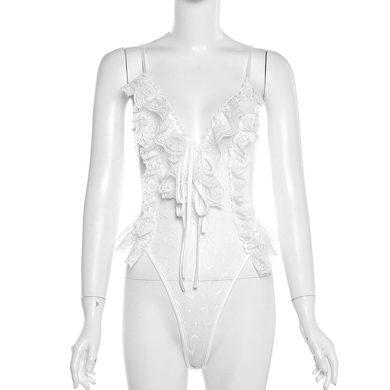 Summer Lace Bodysuit - V-neck, Ruffle Sheer Elegance