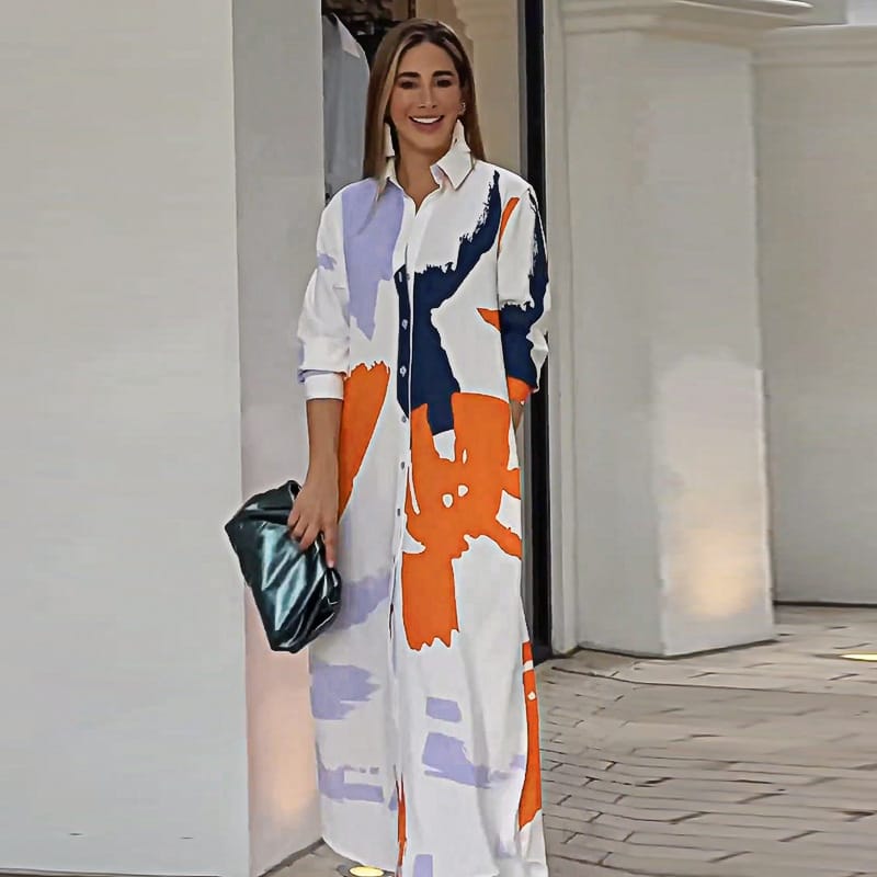 Printed Shirt Collar Maxi Dress - Casual Elegance Redefined