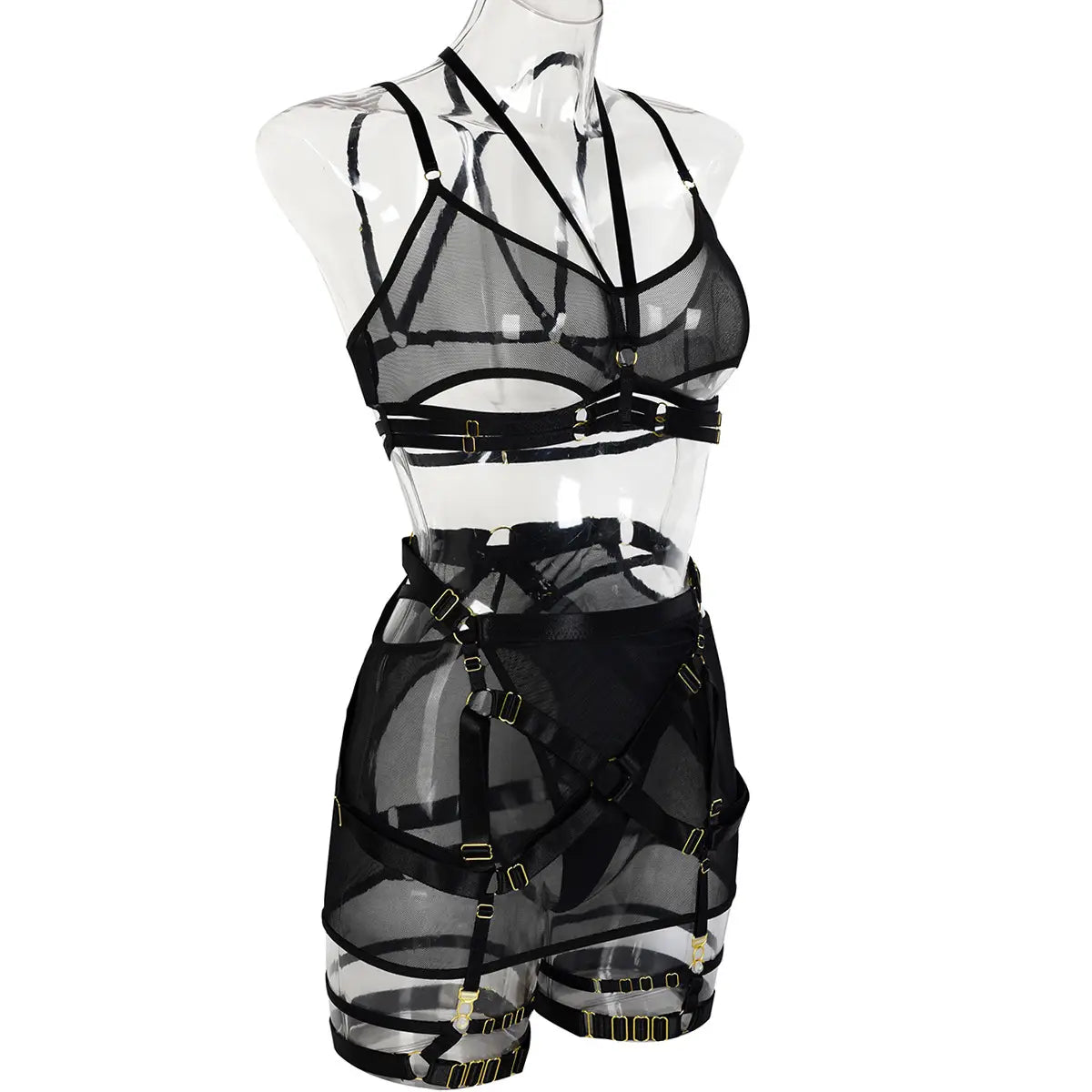 Exotic Transparent Lingerie Set - Garter, Halter Bra, Sexy Style