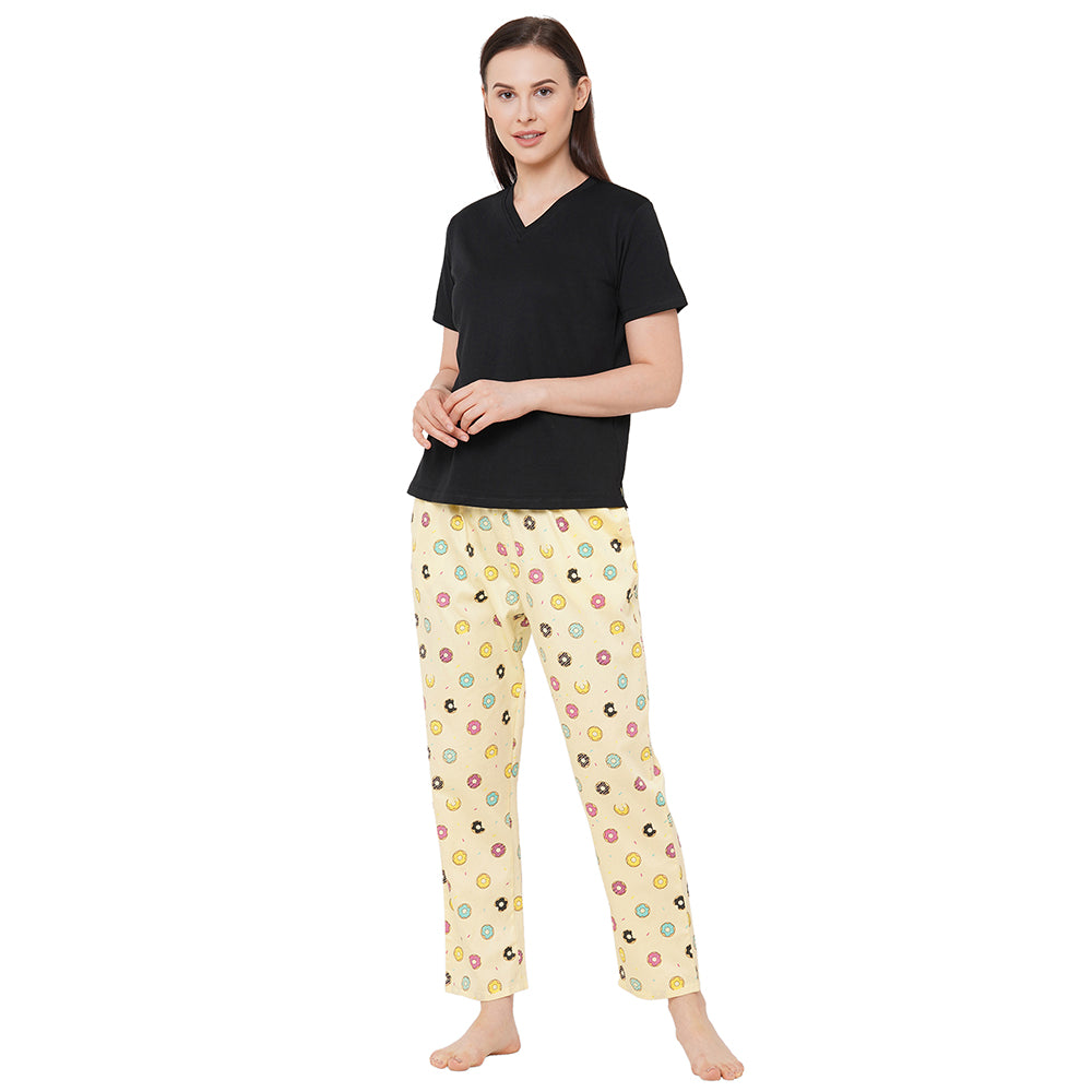 V-neck Black Half Sleeves T-shirt with Donut Yellow printed Pyjama Set