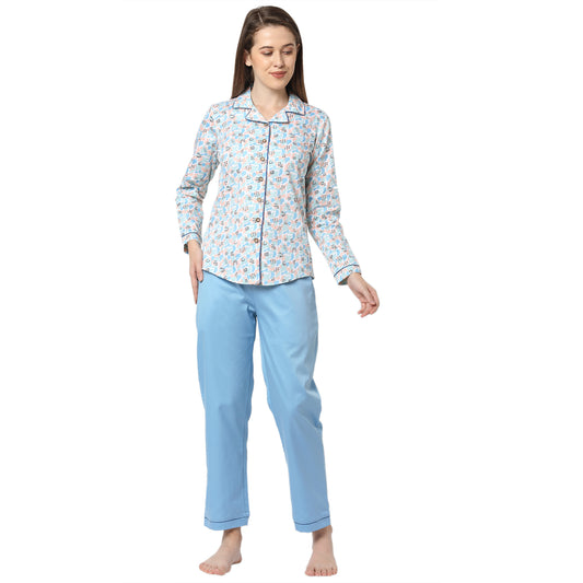 Camouflage Cotton Notched Collar Top With Full Sleeves And Light Blue Pyjama Set