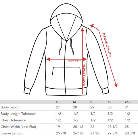 zip up hoodie size chart