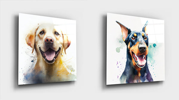 2 frames, the first one has a labrador dog and the second frame has a dobermann